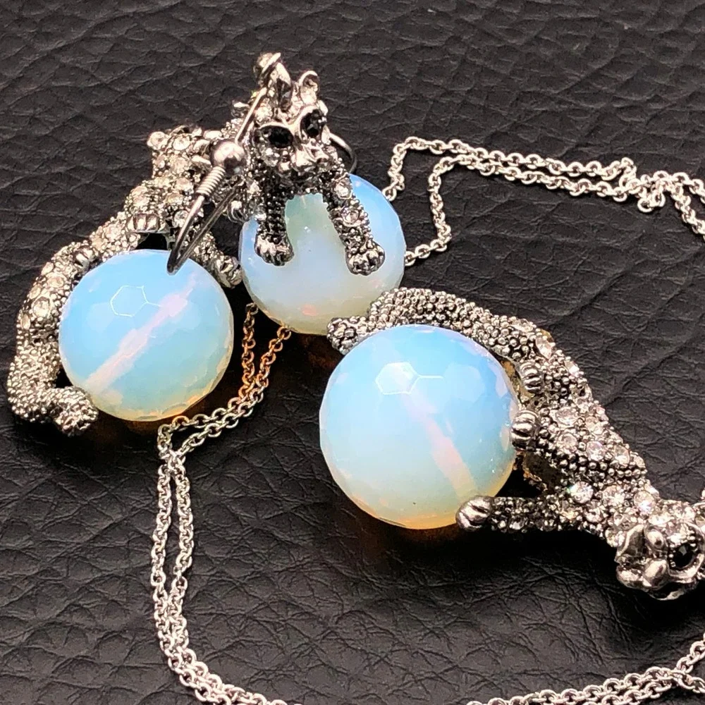 Crystal Cheetah Necklace and Pierced Earrings Set Jaguars Dancing on Glass Balls